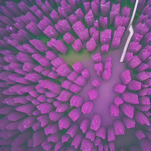 Image similar to closeup photo of purple flower petal flying above a city, aerial view, shallow depth of field, cinematic, 8 0 mm, f 1. 8