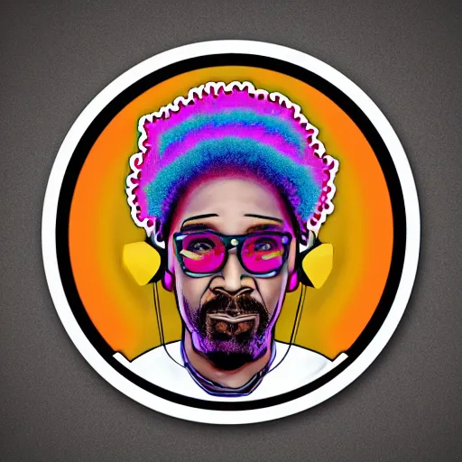 Image similar to svg sticker of a Dancing-Ben-Harper-Snoop-Spike-Lee-with-a-large-Afro-Puff, at a rave, spinning records, giant headphones rocking out, wearing headphones, huge speakers, dancing, rave, DJ, spinning records, digital art, amazing composition, rule-of-thirds, award-winning, trending on artstation, featured on deviantart