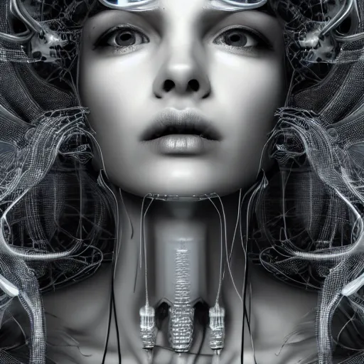 Prompt: closeup portrait of an absurdly beautiful, graceful, sophisticated, fashionable cyberpunk mechanoid gravure idol, an ultrafine hyperdetailed illustration by irakli nadar, matt wisniewski style, fashion photography, intricate linework, porcelain skin, jellyfish headset, unreal engine 5 highly rendered, global illumination, radiant light, detailed and intricate environment