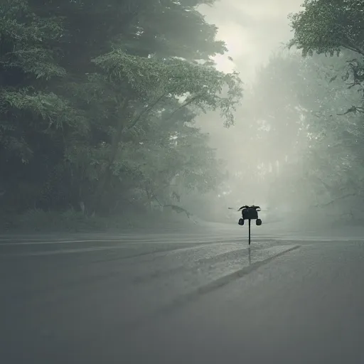 Image similar to drone photo of soldier against huge alien arachnoid bug on the old road in the forest lomography photo, playstation 5 screenshot, fine details, rain, rtx reflections, fog, night, photorealistic, unreal engine, octane render, volumetric light, featured on cg society, 4 k, 5 0 mm bokeh