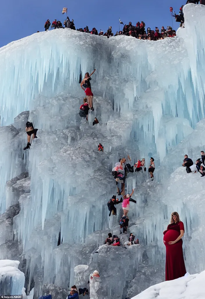 Prompt: pregnant woman at the top making an epic speech to a proud of warrior crowd hearing from bellow, ice cave, facinating, epic, masterpiece