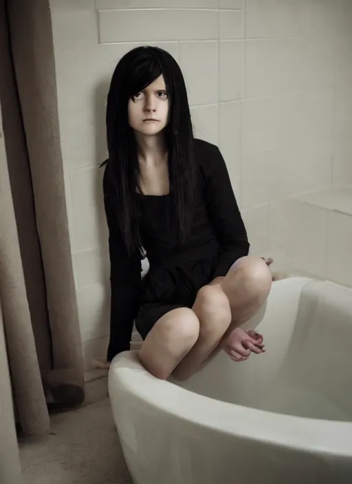 Image similar to a 1 4 year old girl eveline from resident evil 7 with straight long black hair wearing black dress that sitting on bathroom floor, photo for vogue, model エリサヘス s from acquamodels, render in re engine