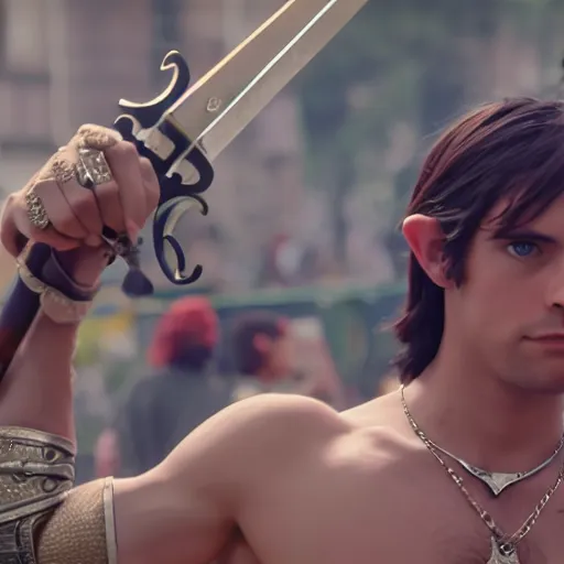 Prompt: Link showing his sword at Christopher Street Day, cinematic, photorealistic, 4K