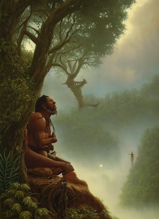 Image similar to an indigenous man sitting and praying in the jungle, while old faces of his ancestors watch over him in the clouds, art by christophe vacher