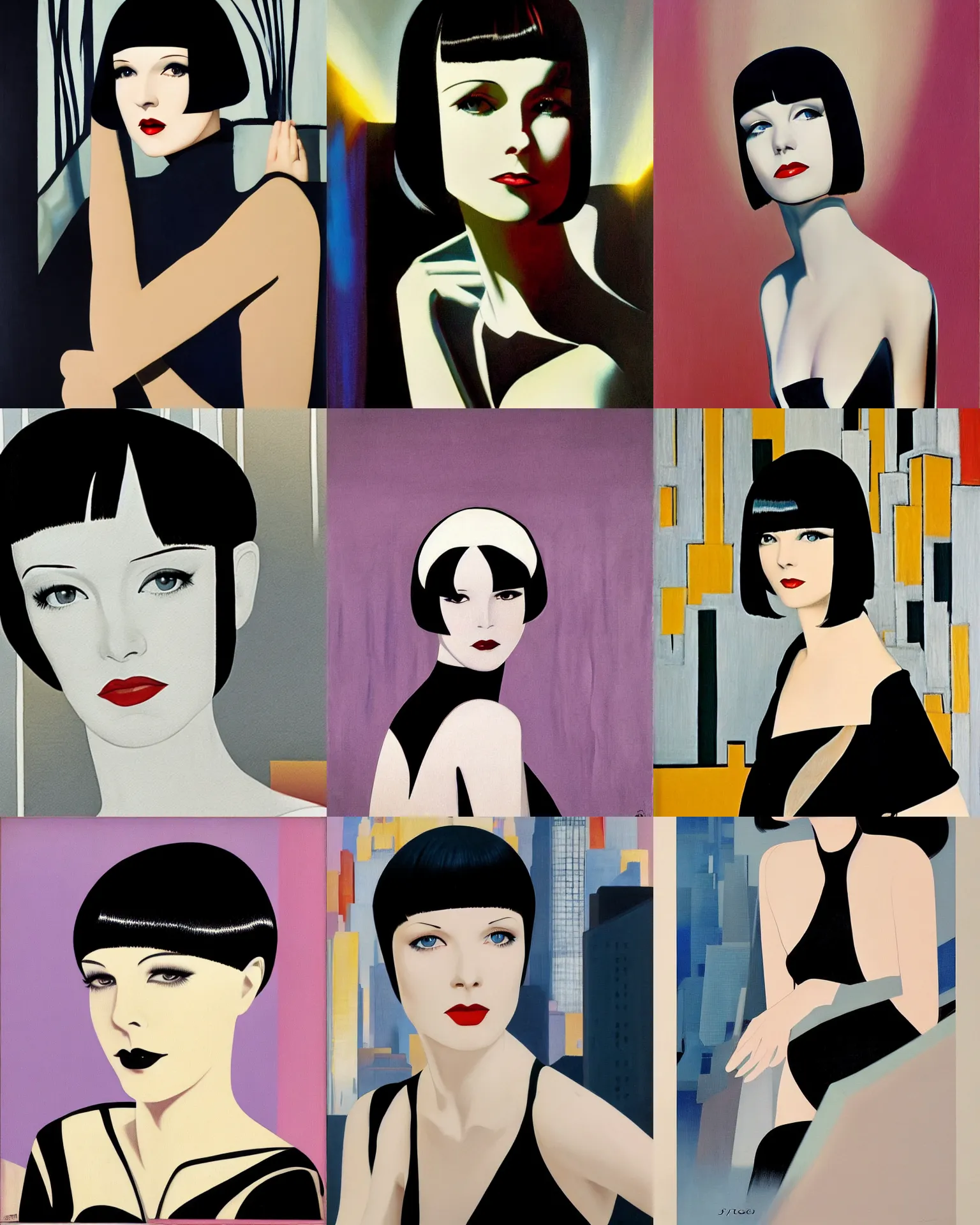 Prompt: mary louise brooks, shiny bob haircut, dramatic light, art deco city background, high contrast, sharp, painted by stanley lau,, painted by stanley artgerm,, painted by patrick nagel
