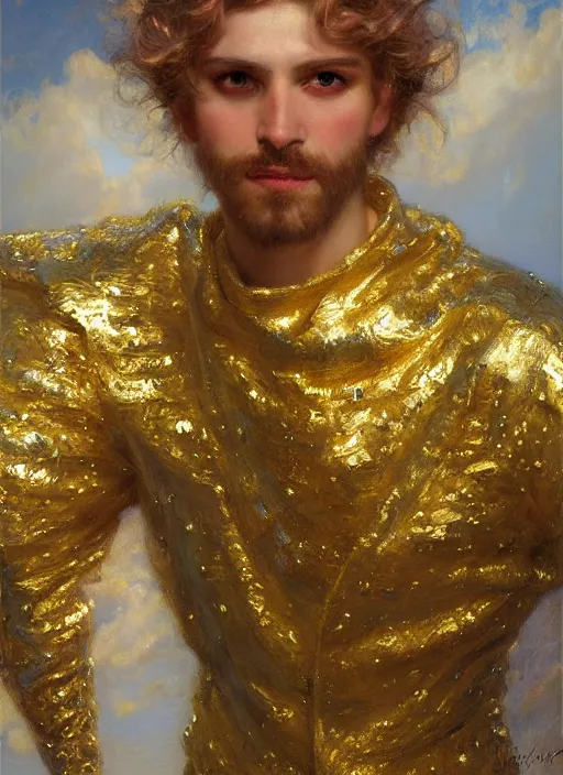Image similar to portrait of a man dressed in a gold and silver costume, head shoot, art by alex heywood and gaston bussiere, albert lynch, fantasy art, reimagined by industrial light and magic, oil on canvas, hd