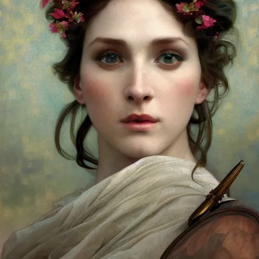 Image similar to closeup portrait fashion photo of divine beauty, beautiful detail and color, art by john collier and albert aublet and krenz cushart and artem demura and alphonse mucha, volumetric lighting, octane render, 4 k resolution, matte, sharp focus, illustration, art by jacque - louis david, baroque style