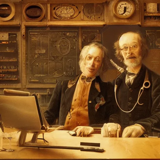 Image similar to An intricate portrait of an engineer and a doctor sitting in an aesthetic bar, 8k,