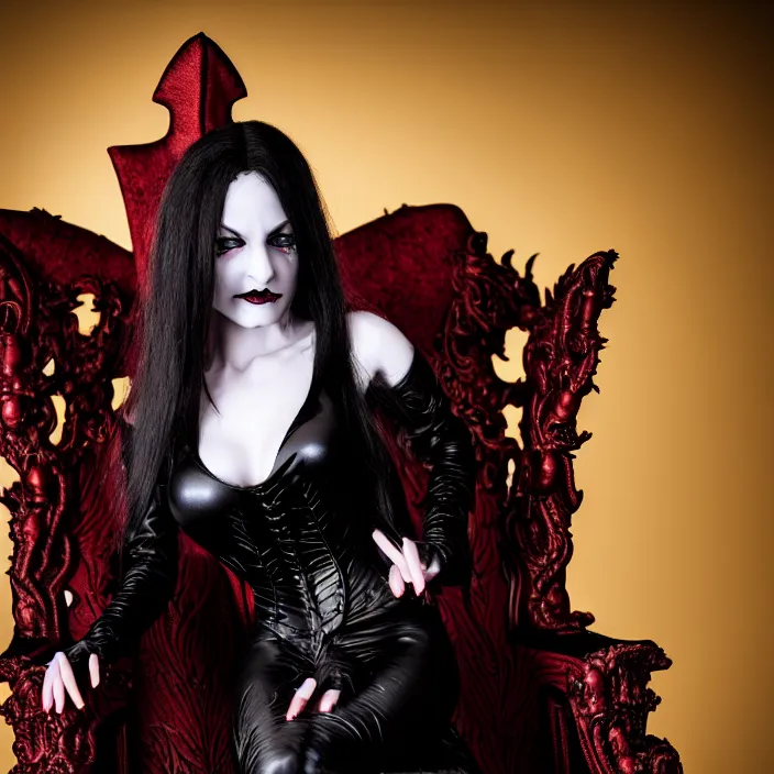 Prompt: photograph of a real-life beautiful vampire queen sitting on a demonic throne. Extremely detailed. 8k