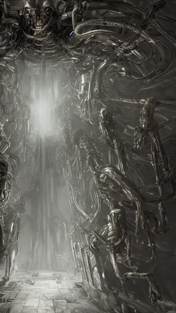 Prompt: the artificial gods ascend, in the style of hr giger, hyperrealistic, photorealistic, scifi illustration, 4 k, ultra hd, rendered in unreal engine 5, dark, gritty, rich color, evil, award winning, computers, technology, futuristic, mystical, dungeons and dragons, mechanical