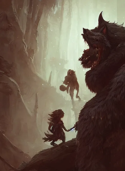 Prompt: a werewolf guardian supporting a small sorcerer girl on his shoulder, ultra detailed, fantasy, dramatic lighting, trending on artstation, award - winning, artgerm and greg rutkowski, 8 k