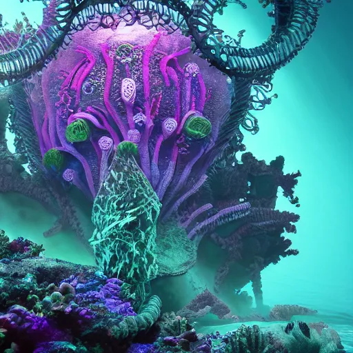 Image similar to a very beautiful lovecraftian world underwater with ultra realist waves underwater, curiosities dark fantasy carnival, symmetry accurate features, focus, very intricate ultrafine details, green purple aqua volumetric lights, award winning masterpiece, octane render 8 k hd