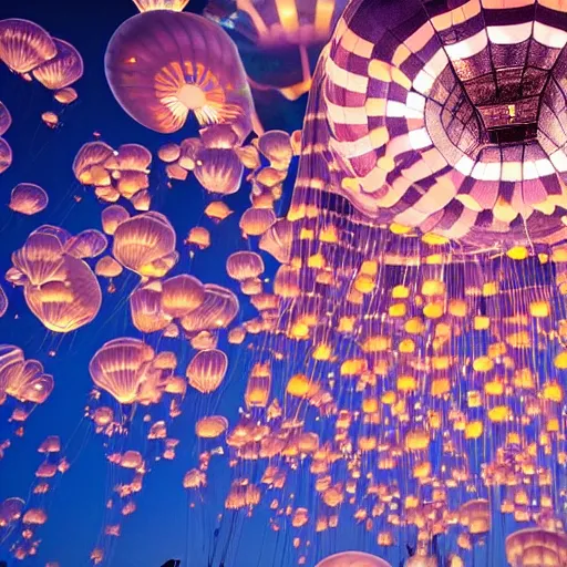 Image similar to at night, nyc, camera looking up, beautiful hot air balloons in a jellyfish shape