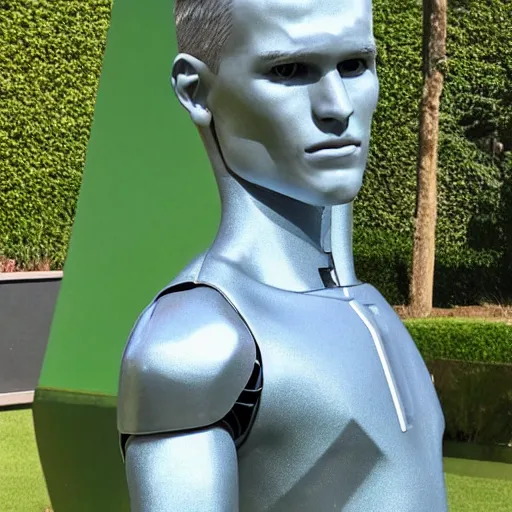 Prompt: a realistic detailed photo of a guy who is an attractive humanoid who is half robot and half humanoid, who is a male android, soccer player martin ødegaard, shiny skin, posing like a statue, blank stare, by the pool, on display, showing off his muscles, humanoid robot, frozen ice statue