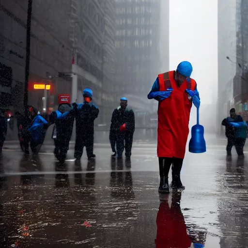 Prompt: closeup portrait of a group of cleaners fighting puddles traffic in rainy new york street, by Steve McCurry and David Lazar, natural light, detailed face, CANON Eos C300, ƒ1.8, 35mm, 8K, medium-format print