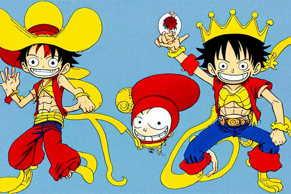 Image similar to concept sketches of luffy wearing a gold crown riding a large dragon by jamie hewlett, in the style of megaman, micro detail, disney cartoon