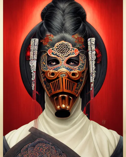 Image similar to portrait of slipknot band, upper half portrait, decorated with chinese opera motifs, asian, bian lian, traditional chinese art, intricate, elegant, highly detailed, symmetry, digital painting, artstation, concept art, smooth, sharp focus, illustration, art by artgerm and greg rutkowski and alphonse mucha, 8 k