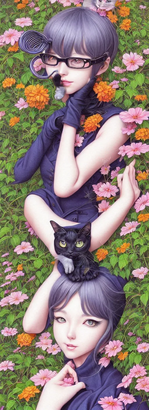 Image similar to richly detailed color pencil illustration of a portrait of a stylish gardener woman hypnotic cat, by artgerm and range murata rendered with 3 d effect.