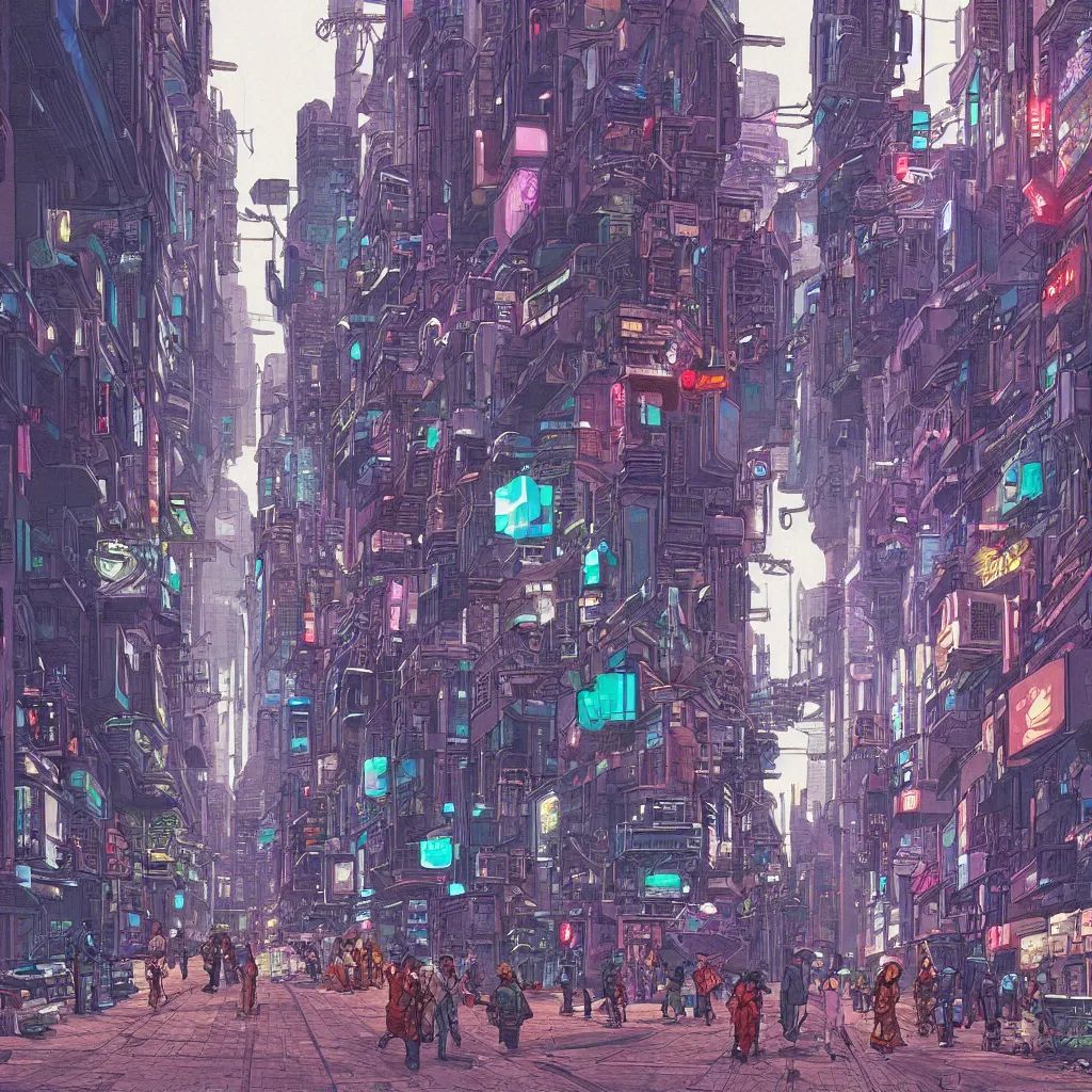 Image similar to a cyberpunk city street with robots and humans walking around, digital painting by moebius