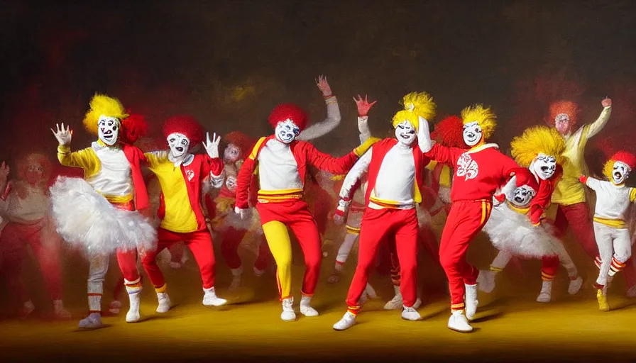 Prompt: highly detailed painting of a group of ronald mcdonalds with red afros, white facepaint, red noses and yellow tracksuits dancing on stage at a school talent show by william turner, by greg rutkowski, by william constable, thick brush strokes and visible paint layers, 4 k resolution