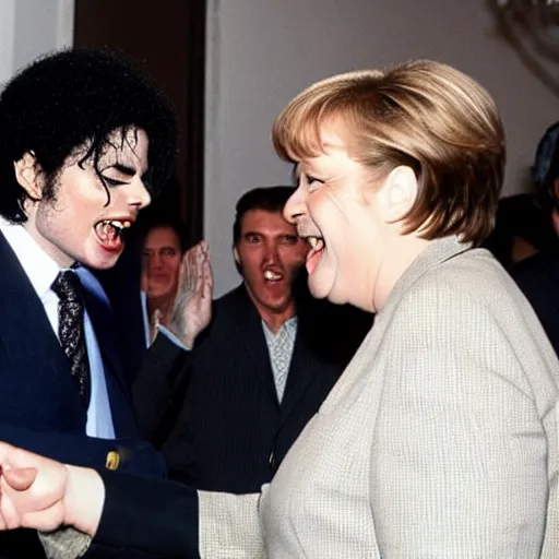 Image similar to angela merkel shaking hands with michael jackson while screaming and shouting