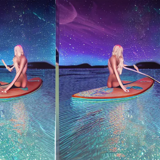 Image similar to bikini girl bioluminescent bacteria in water paddleboarding at night by highway man painting, stars, galaxies, photorealistic, high resolution, vray, hdr, hyper detailed, insane details, intricate, elite, ornate, elegant, luxury, dramatic lighting, octane render, weta digital, micro details, 3 d sculpture