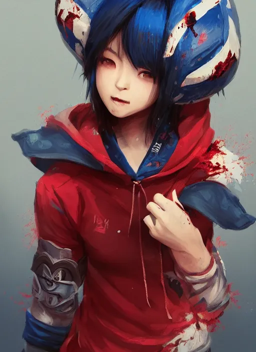 Image similar to a highly detailed illustration of short hair cute japanese girl wearing blood stained blue hoodie with the word nevada on it, dramatic smile pose, intricate, elegant, highly detailed, centered, digital painting, artstation, concept art, smooth, sharp focus, league of legends concept art, WLOP