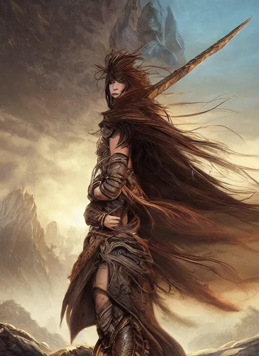 Prompt: An epic fantasy comic book style portrait painting of a warrior woman with a long brown hair wearing a cloak that waves in the wind as she holds onto a stave in front of an epic fantasy landscape, unreal 5, DAZ, hyperrealistic, octane render, cosplay, RPG portrait, dynamic lighting