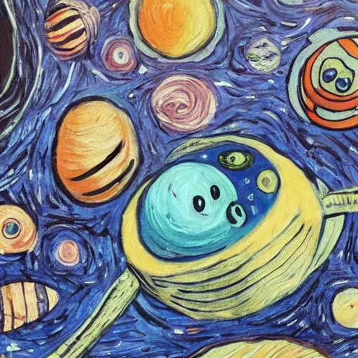 Image similar to painting of space ship in orbit around a planet, detailed, egg, colorful, shell, carapace, insect, bug, beatle, van gogh, hollow knight