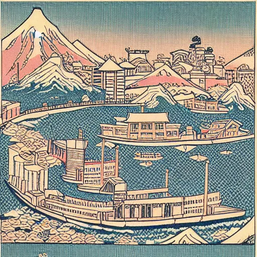 Prompt: “City of london in the style of a woodblock print by the Japanese ukiyo-e artist Hokusa, by James Jean”