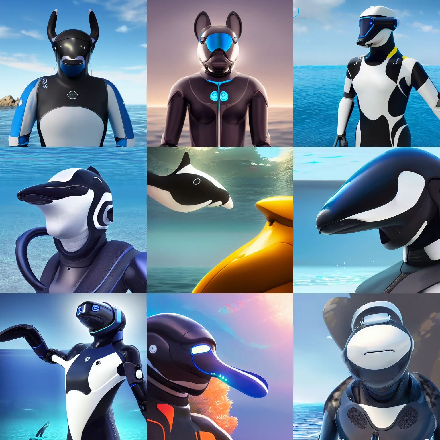 Prompt: male robotic anthro orca, visor screen for face, snout under visor, wearing a blue wetsuit, commission on furaffinity, cgsociety, octane render, subnautica