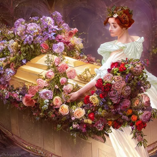 Prompt: an elaborate coffin with a mysterious sleeping beauty holding a large bouquet of flowing flowers, hands hidden under the bouquet, top view, fantasy, regal, intricate, by stanley artgerm lau, greg rutkowski, thomas kindkade, alphonse mucha, loish, norman rockwell