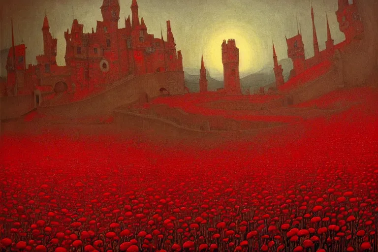 Image similar to only with red, red flowers of different types, a red tiger, a castle in the background, medieval demons dance over the flowers, an ancient path, in the style of beksinski, part by hopper, part by rodcenko, part by hofbauer, intricate composition, red by caravaggio, insanely quality, highly detailed, masterpiece, red light, artstation