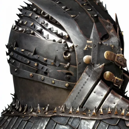 Prompt: A jagged iron helm, with leather straps and iron spikes