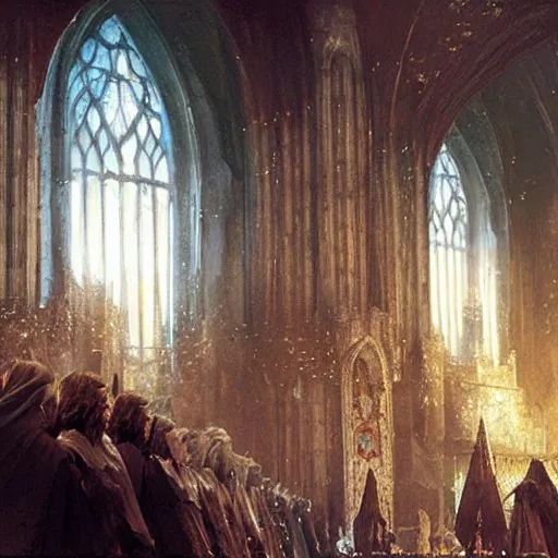 Prompt: aragorn coronation in minas tirith, painting by craig mullins greg rutkowski, strong contrast,