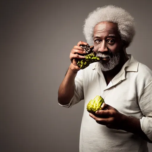 Image similar to An old afro-american man holding a pickle and thinking. Award winning studio photo.