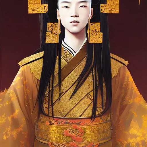 Image similar to a portrait of a young beautiful Chinese prince, golden eyes, long black hair, elegant, intricate, backlit, incredible lighting, strong rim light, subsurface scattering, realistic anime, epic beautiful landscape, cherry trees, highly detailed, god rays, digital painting, by Heise Jinyao, Heise-Lian Yan Fang, Feimo, Rossdraws, HDRI, vivid colors, high contrast, 8k