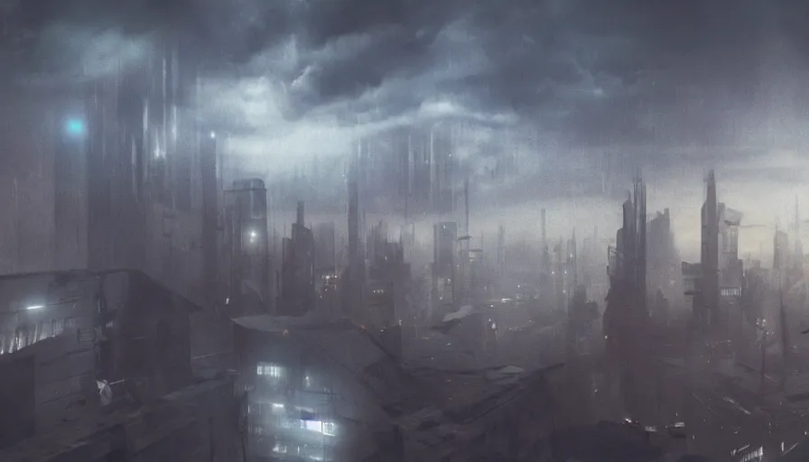 Image similar to man in sky falling through clouds over a dark cyberpunk city, digital art, volumetric lighting, dystopia, artstation, concept art, painting
