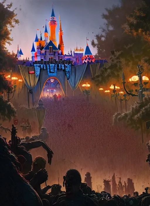 Prompt: masterpiece concept art, disneyland overun by zombies, by greg rutkowski and geof darrow, 8 k, intricate detail, cinematic lighting