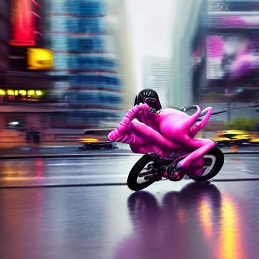 Image similar to hyper realistic, photo, humanoid pink female Squid girl, popping motorcycle wheelie on fast in the rainy city traffic