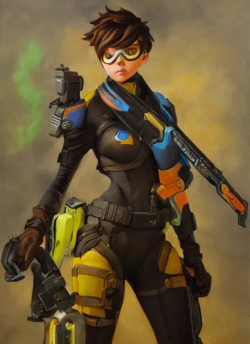 Image similar to oil painting of tracer overwatch full figure in the style of sophie anderson,