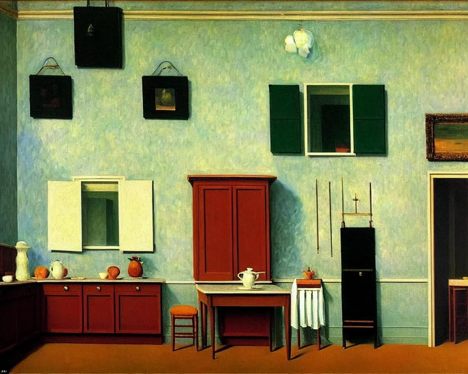 Image similar to achingly beautiful painting of a sophisticated, well - decorated kitchen by rene magritte, monet, and turner.