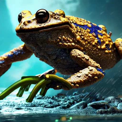 Image similar to amphibious toad mech stepping out of a pond with a lazer rifle dripping water. film still. brightly lit scene. this 4 k hd image is trending on artstation, featured on behance, well rendered, extra crisp, features intricate detail, epic composition and the style of unreal engine, national geographic, bandai box art.
