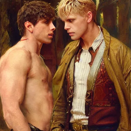 Image similar to attractive arthur pendragon confesses his love to attractive male merlin. highly detailed painting by gaston bussiere, craig mullins, j. c. leyendecker 8 k