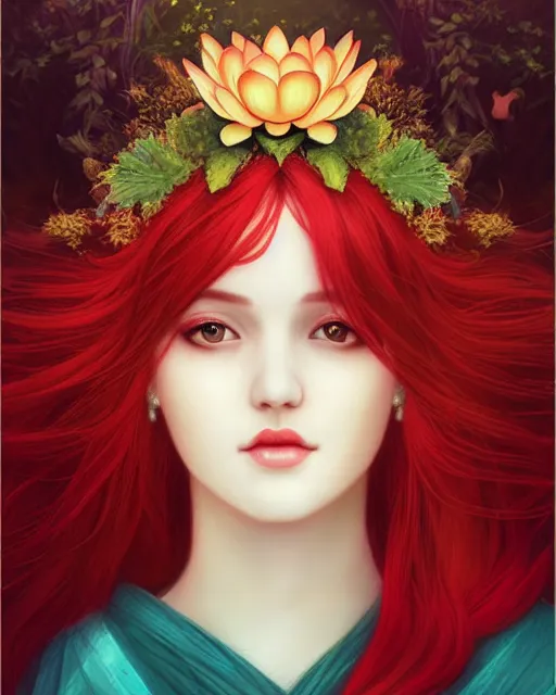 Image similar to the goddess of summer, with lotus on her head, red hair, half - length head portrait, dreamy, beautiful, by wlop