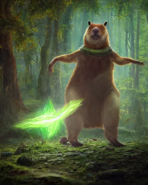 Prompt: oil painting of Anthropomorphized Capybara Druid casting green magic spell, wearing leaf cloak, glowing eyes, casting spell, sharp focus, fantasy style, octane render, volumetric lighting, 8k high definition, by greg rutkowski, highly detailed, trending on art Station, magic the gathering artwork, magical forest backround, centered