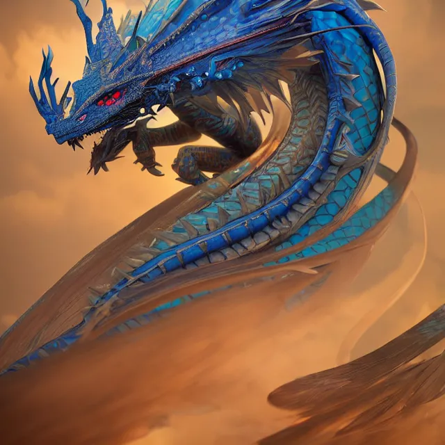 Prompt: wlop and krenz kushart and alphonse mucha detailed, concept of a blue dragon, sunbeam, unreal engine, hyperrealism, cinematic composition, blender render, octane render, hdr, detailed textures