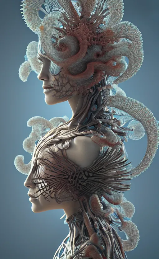 Image similar to intricate gothic girl mask, eagle coral, jelly fish, feathers, mandelbulb 3 d, fractal flame, octane render, cyborg, biomechanical, futuristic, by ernst haeckel