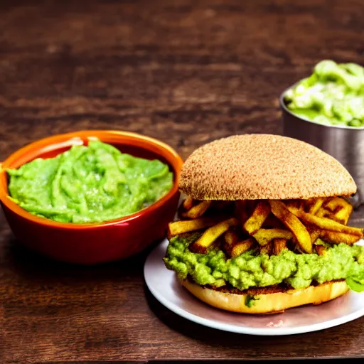 Image similar to vegan hamburger with guacamole topping crispy fried onion topping and fried egg topping next to a bowl of french fries, crispy buns, 8 k resolution, studio lighting, sharp focus, hyper - detailed