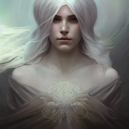 Image similar to god, ghostly, white hair, long hair, gorgeous, amazing, elegant, intricate, highly detailed, digital painting, artstation, concept art, sharp focus, illustration, art by artgerm and greg rutkowski and alphonse mucha